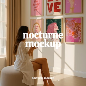 May include: A wall display of framed art prints with various designs and text, including "LOVE" and "How lucky are we?" The prints feature illustrations of a hand holding a card, a woman, and a leopard. The word "nocturne mockup" is displayed.