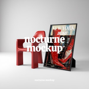 Schwarzer Rahmen Foto Mockup, Modernes Poster Mockup, Rahmen Mockup, Stilvolles Poster Mockup, Spielerisches Rahmen Mockup, Ästhetischer Rahmen Mockup, Roter Stuhl