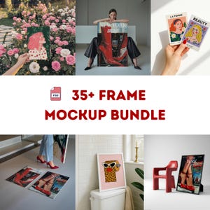 Puede incluir: Un paquete de maquetas con varias impresiones artísticas enmarcadas y carteles. Las imágenes incluyen una pintura de una mujer, un cartel con tacones rojos y otros diseños artísticos. También se ve el texto "35+ FRAME MOCKUP BUNDLE".