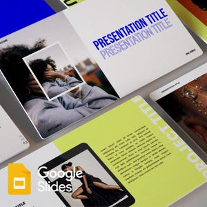 May include: A presentation slide template with a yellow background and the text "PROJECT TITLE" in white. The slide also features a black and white photo of a person wearing a black hoodie and a black and white photo of a person wearing a black dress.