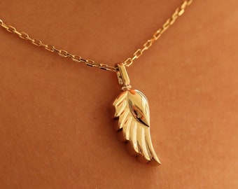 14K Solid Gold Wing Cremation Urn Necklace, Personalized Ash Holder Necklace, Dad Mom Ash Holder Necklace, Gold Ash Holder,Keepsake Jewelry