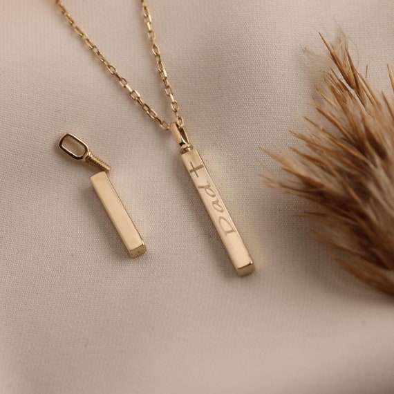 14K Solid Gold Bar Cremation Urn Necklace, Keepsake Memorial