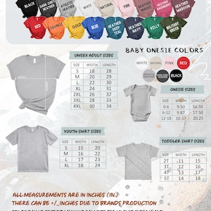 May include: Color and size chart for unisex adult, youth, and toddler t-shirts and baby onesies. Includes size charts with measurements in inches, and a color palette with various shades like black, red, and blue.