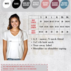 May include: A white V-neck shirt with a size chart. The chart includes body length, sleeve length, and chest width measurements in inches. The shirt features a 1x1 rib knit neck and a tear-away label.