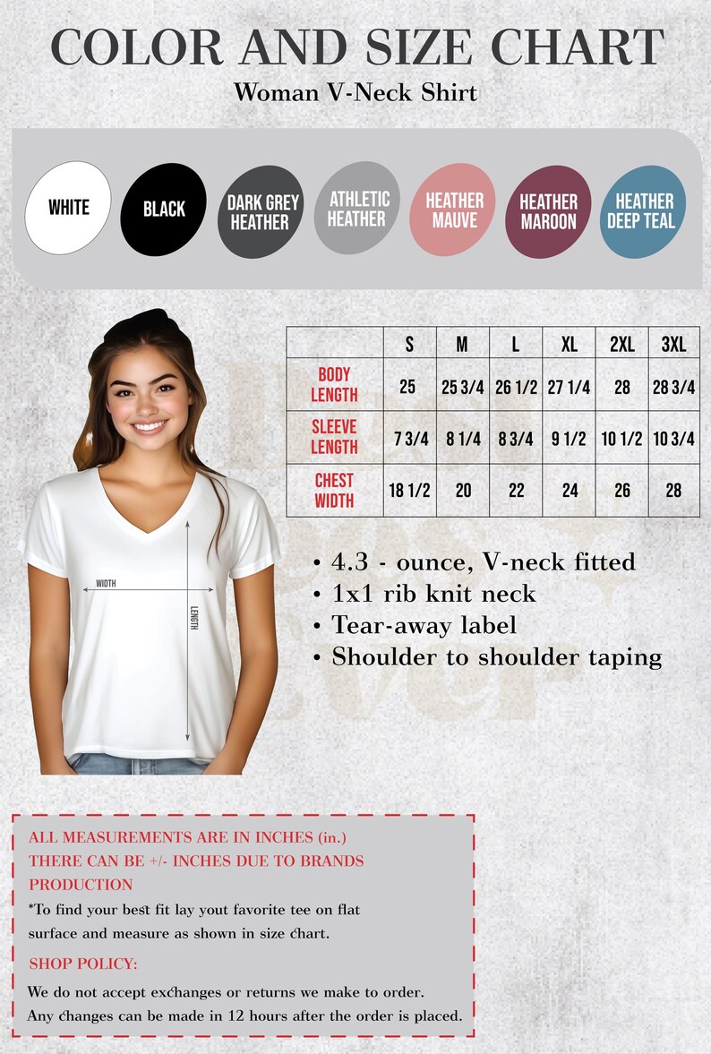 May include: A white V-neck shirt with a size chart. The chart includes body length, sleeve length, and chest width measurements in inches. The shirt features a 1x1 rib knit neck and a tear-away label.