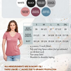 The image is a color and size chart for a woman's v-neck shirt, including details such as the color options, sizes, and measurements.