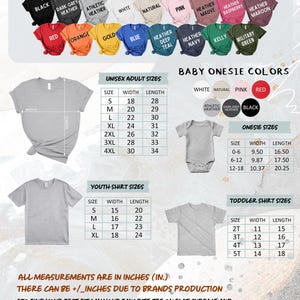 The image is a color and size chart for various unisex adult, youth, and toddler shirt sizes. It includes measurements and color options for different age groups, such as black, red, yellow, and more. The chart provides a visual guide for selecting the appropriate size and color based on the age and size of the individual.