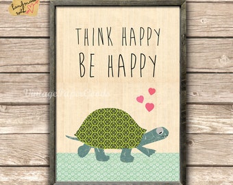 think happy be happy collage poster print on wooden background with cute turtle