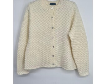 Cárdigan vintage Karen Scott para mujer, talla L, color crema, con botones, tejido de cesta, estilo casa de campo de la abuela.