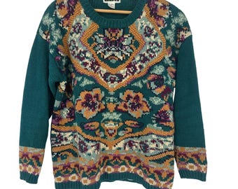 Suéter vintage Condor feminino tamanho P, verde-azulado floral, estilo cottagecore, retrô.
