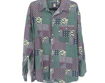 Chemise boutonnée VTG Salty Dog homme XL, popeline impériale verte à patchwork Paisley des années 90