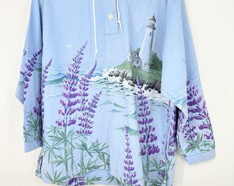 Top con capucha Vintage Artisans Sunschein Lighthouse para mujer, talla M, azul, estilo costero de EE. UU.