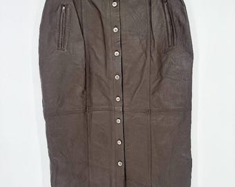 Falda larga vintage de cuero auténtico Y2K, talla 14, botones marrones en la parte delantera, estilo minimalista de los años 90