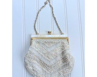 Vintage Ivory Beaded Evening Purse Wristlet Handmade Sequin Retro Art Deco