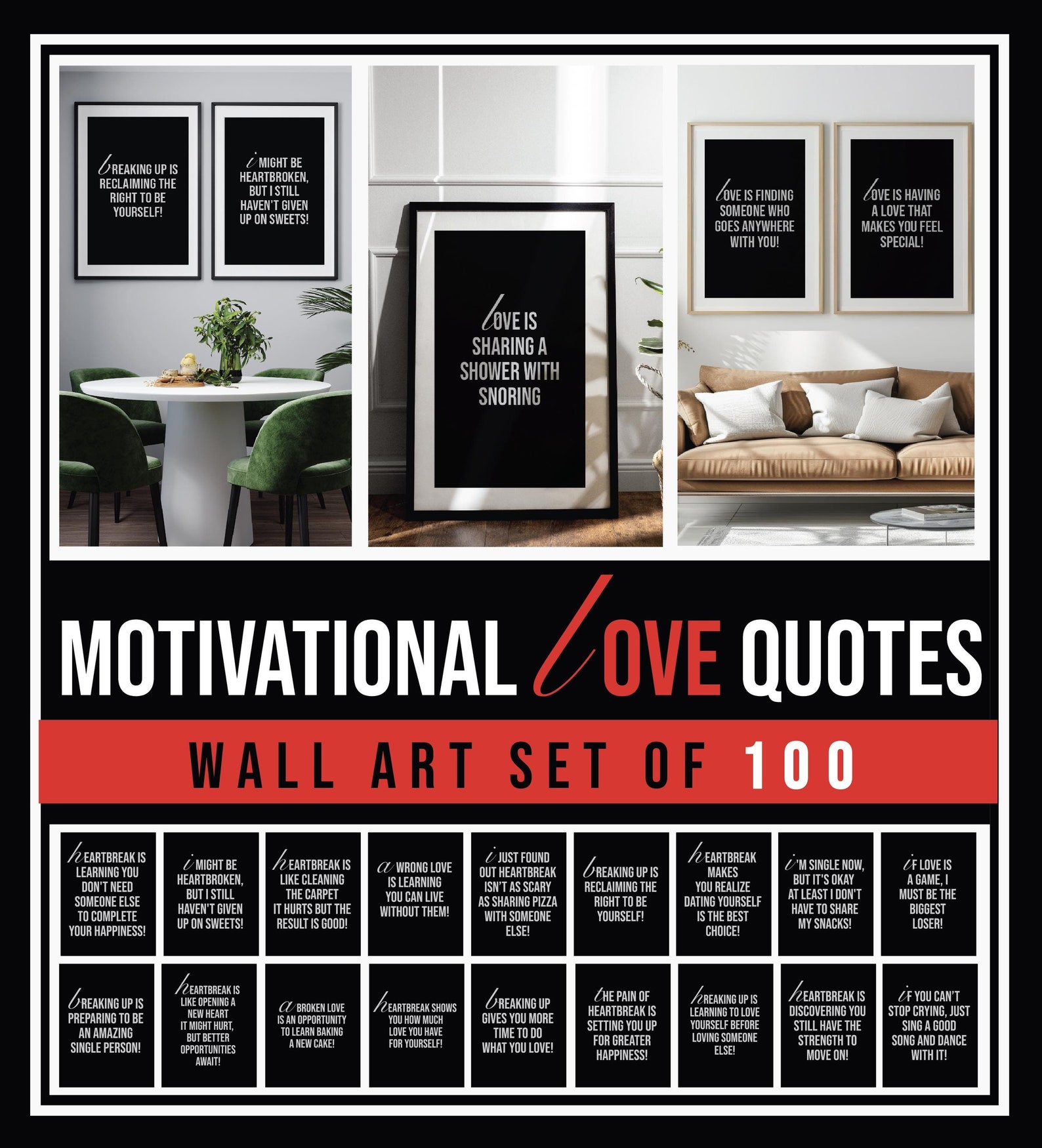 Motivational Love Quotes Wall Art Set of 100, Love Quotes Wall Art ...