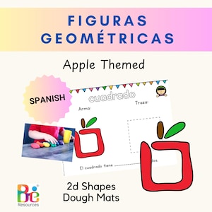 May include: Educational printable featuring the text FIGURAS GEOMÉTRICAS and Apple Themed 2d Shapes Dough Mats. It includes a worksheet with the word cuadrado, a red apple-shaped square outline, and a small inset photo of hands using colorful dough.