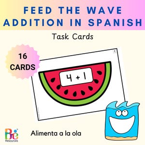 Feed Me Summer Spanish Addition to 20 Task Cards / Centro di matematica estiva / Lavoro mattutino / Nomi dei numeri / Feed the Wave / Homeschool