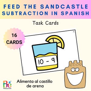May include: A set of 16 task cards for teaching subtraction in Spanish. Each card features a colorful illustration of a glass of lemonade with a subtraction problem written on it. The text "Alimenta al castillo de arena" is written at the bottom of the card.