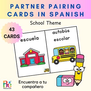 Terug naar school partner koppelen | Partnerkaarten in het Spaans | Turn & Talk-paren | Schoolthema | Klasbeheer | Digitale download
