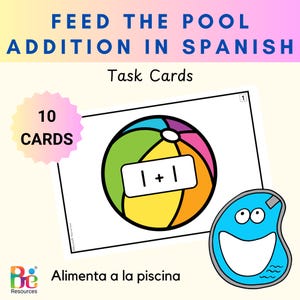 Feed Me Summer Spanish Addition to 10 Task Cards / Centro matematico estivo / Lavoro mattutino / Nomi dei numeri / Feed the Pool / Homeschool
