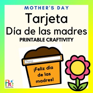 Könnte beinhalten: Eine druckbare Muttertagskarte mit dem Text "Tarjeta Día de las madres" und "Printable Craftivity". Die Karte zeigt einen Blumentopf mit dem Text "¡Feliz día de las madres!" und eine rosa Blume.