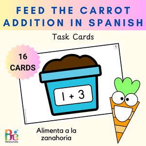 Feed Me Spring - Addizione in spagnolo con 20 schede di attività / Centro matematico di primavera / Lavoro mattutino / Nomi dei numeri / Nutri la carota / Istruzione parentale