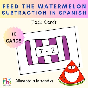 Feed Me Summer Spanish Sottrazione fino a 10 Schede di attività / Centro di matematica estiva / Lavoro mattutino / Nomi dei numeri / Nutri l'anguria / Istruzione parentale