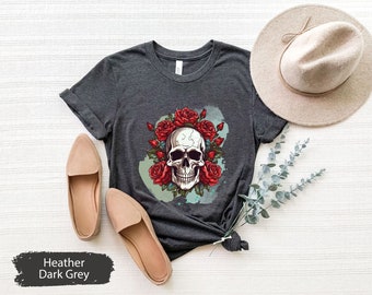Camisa con calavera y flores estilo boho, camisa con calavera de Gobblincore, camisa con calavera Bloom, camisa con calavera floral, camisa con calavera, camisa boho de Halloween, camisas con calaveras