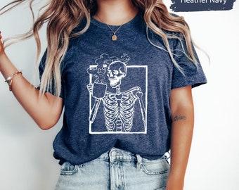 Drinking Coffee Skeleton Shirt, Coffee Lover Skeleton Shirt, Floral Skeleton Shirt, Flower Skeleton, Skeleton Shirt, Boho Skeleton Shirt
