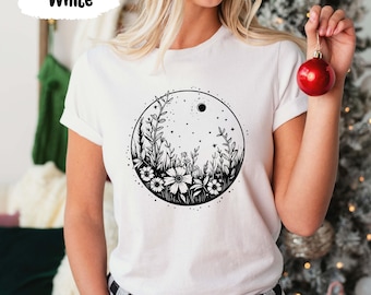 Full Moon Shirts, Flower Tshirts, Floral Moon Shirt, Phases of Moon, Space T Shirt, Celestial Shirts, Mystical Moon, Galaxy T-Shirt
