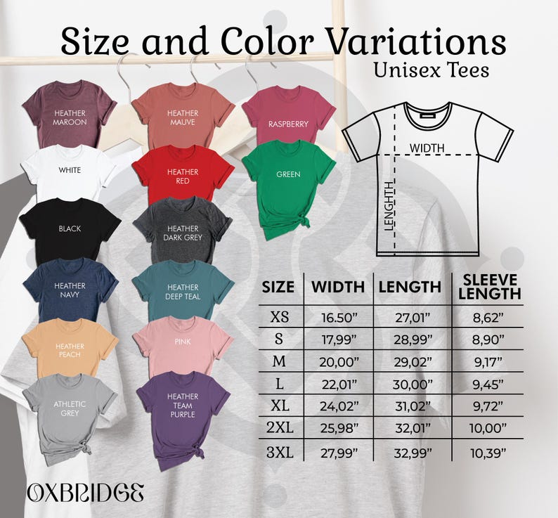 the size and color variations of a t - shirt