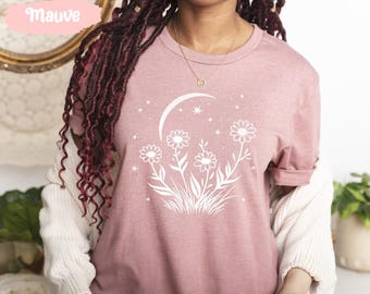 Floral Moon Shirt, Moon Phases, Space T Shirt, Night Sky, Galaxy T-Shirt, Spiritual Gifts, Crescent Moon, Celestial Shirts, Moon And Stars