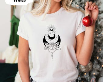 Floral Moon Shirt, Moon And Star, Space T Shirt, Crescent Moon Tee, Moon Phases Tees, Mystic Moon Shirt, Celestial Shirts, Spiritual Gifts