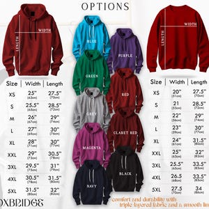 a picture of a size guide for a hoodie