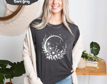 Floral Moon Shirt, Phases of Moon, Space T Shirt, Crescent Tshirt, Crescent Moon Shirts, Mystical Moon, Galaxy T-Shirt, Celestial Shirts