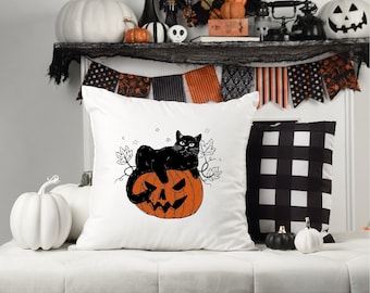 Cojín de calabaza con gato negro, funda de cojín de Halloween, decoración de Halloween, cojín espeluznante, cojín de calabaza, decoración de gato negro, decoración de otoño, cojín decorativo