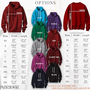 a picture of a size guide for a hoodie