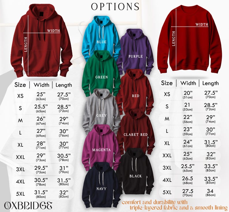a picture of a size guide for a hoodie
