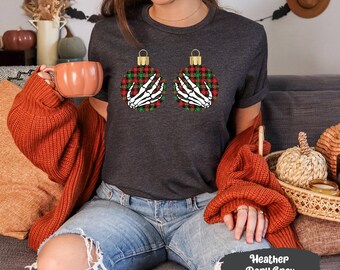 Skeleton Hands Shirt, Hand on Boobs, Buffalo Plaid Shirt, Ornament Shirt, Boob Shirt, Boob Grab Shirt, Christmas Boob Shirt, Funny Christmas