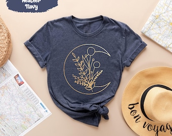 Floral Moon Shirts, Flower Tshirt, Mystic Moon Shirt, Crescent Moon, Galaxy T-Shirt, Moon Phase, Space T Shirt, Celestial Tshirts, Night Sky