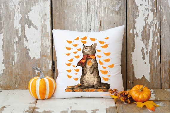 Fall Cat Pillow, Fall Leaves Decor, Autumn Decor, Cat Lover, Fall Throw Pillow,  Fall Decor, Thanksgiving Decor, Fall Farmhouse Pillow, Gift