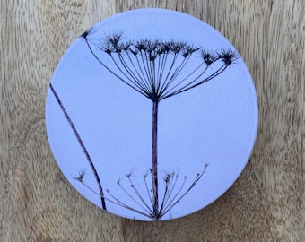 Round ceramic coaster - seed head print - matt finish