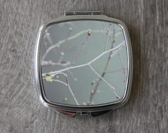 Compact mirror with metal case - sage green branch print.