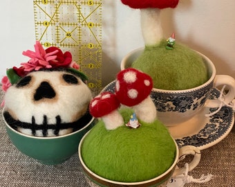 OOAK felted pin cushions mushroom with gnome or frida skull with flowers