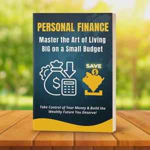 May include: A book titled "PERSONAL FINANCE" with the subtitle "Master the Art of Living BIG on a Small Budget." The cover features financial icons and the text "SAVE." The bottom reads "Take Control of Your Money & Build the Wealthy Future You Deserve!"