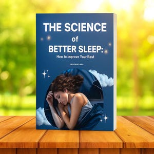Könnte beinhalten: Ein Buch mit dem Titel "THE SCIENCE of BETTER SLEEP: How to Improve Your Rest" wird auf einer Holzoberfläche gezeigt. Das Cover zeigt eine schlafende Frau, umgeben von einem blauen Hintergrund mit Sternen und Wolken. Der Buchtitel ist weiß.
