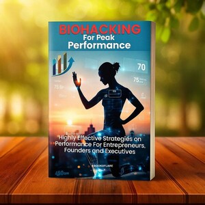 Puede incluir: Portada de libro con el título "BIOHACKING For Peak Performance" y una silueta de una persona. La portada también presenta el texto "Highly Effective Strategies on Performance For Entrepreneurs, Founders and Executives."