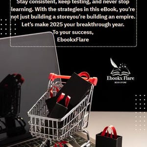 May include: A shopping cart filled with black boxes with red ribbons sits on a laptop keyboard. A black shopping bag with red handles and a black box are also present. The image includes text that says "Stay consistent, keep testing, and never stop learning."