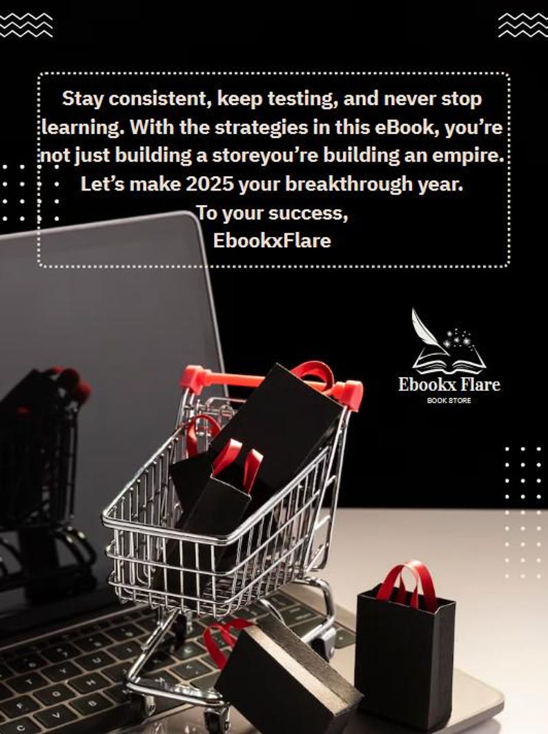 May include: A shopping cart filled with black boxes with red ribbons sits on a laptop keyboard. A black shopping bag with red handles and a black box are also present. The image includes text that says "Stay consistent, keep testing, and never stop learning."