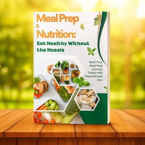 May include: A book titled "Meal Prep & Nutrition: Eat Healthy Without the Hassle" is displayed on a wooden surface. The cover features images of prepared meals and text that reads "Start Your Meal Prep Journey Today with These Simple Tips!"